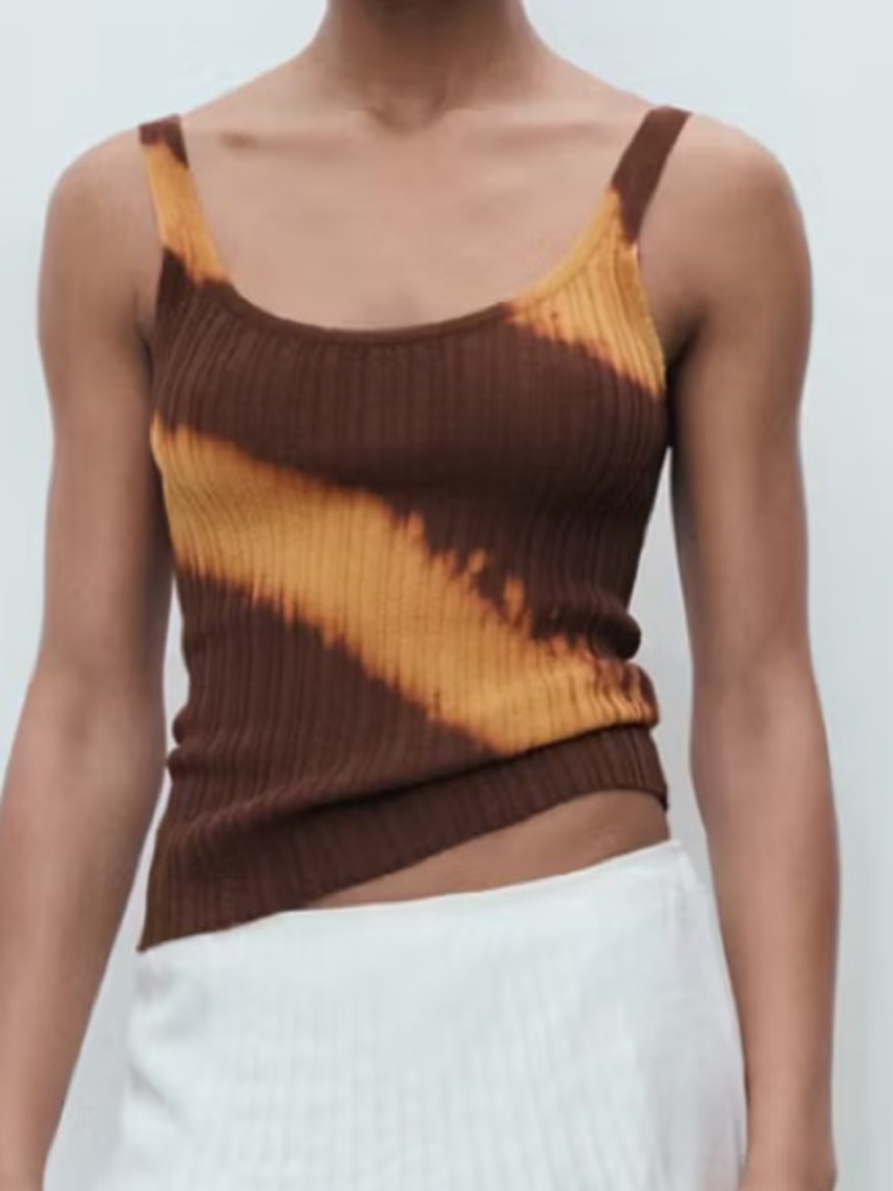 Mango Brown Ribbed Tank with Diagonal Orange Stripe TIE-DYE KNITTED TOP 2897
